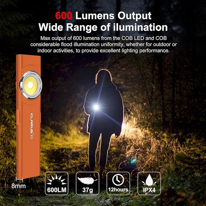 klarus E5 Pocket Flashlight, Rechargeable EDC Flashlight, Super Slim 4.2x1x0.3inch, 600 Lumens, USB-C Port, IPX4, Dual Light Source with Magnetic Base, Hat & Clothes Clip - Orange