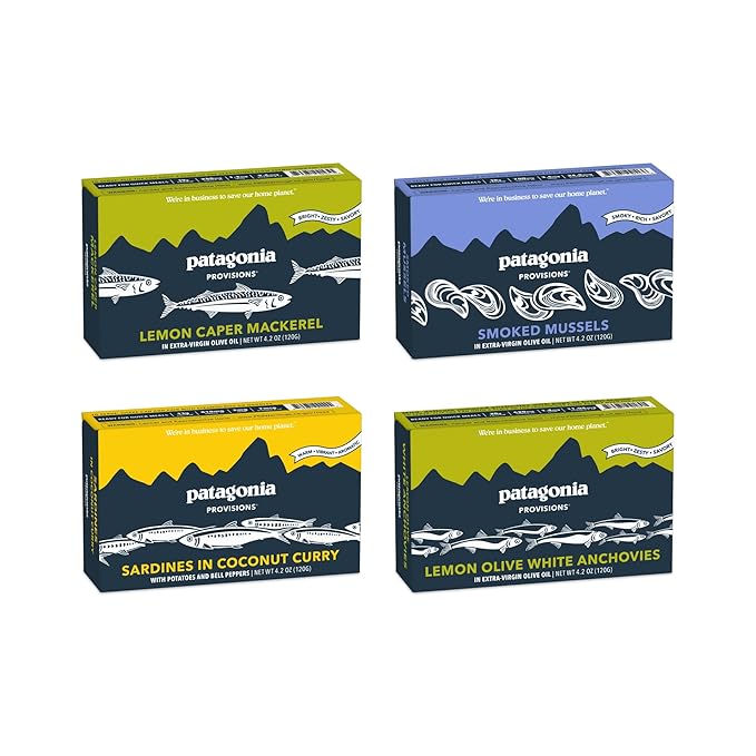 Patagonia Provisions Tinned Fish Variety Bundle | (1) Smoked Mussels, (1) Lemon Caper Mackerel, (1) Coconut Curry Sardine, (1) Lemon Olive Anchovy
