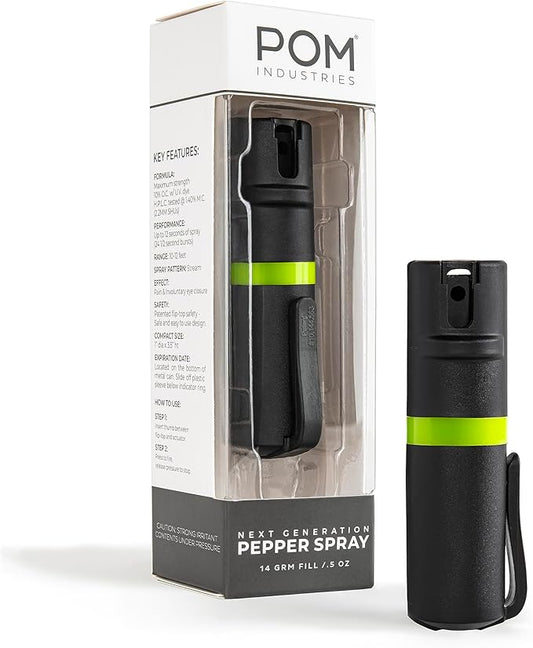 POM Pepper Spray Pocket Clip, Quick Flip Top Safety, Maximum Strength OC Formula with UV Marking