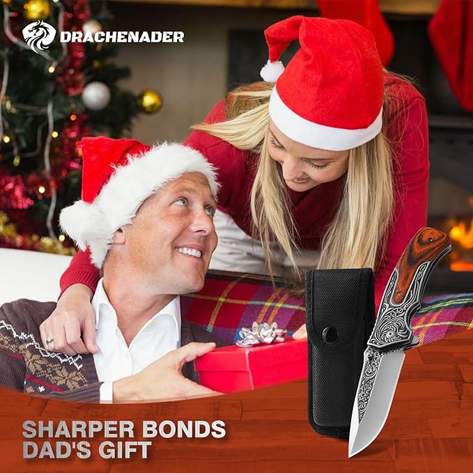 Pocket Knife for Men, 8.7" Folding Knife, 440 Stainless Steel Blade, 0.19lb, Wood Handle with 3D Retro Embossed Pattern, EDC Folding Knife for Work, Camping, Christmas Gifts