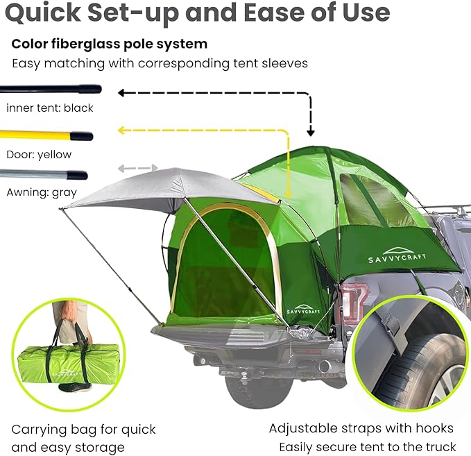 Savvycraft Pickup Truck Tent for Full Size and Mid Size Truck Short Bed and Long Bed, Waterproof P3000mm 2-Person Double Layer Truck Bed Camping Tent, Expandable Awning, Rainfly, Storage Bag Included