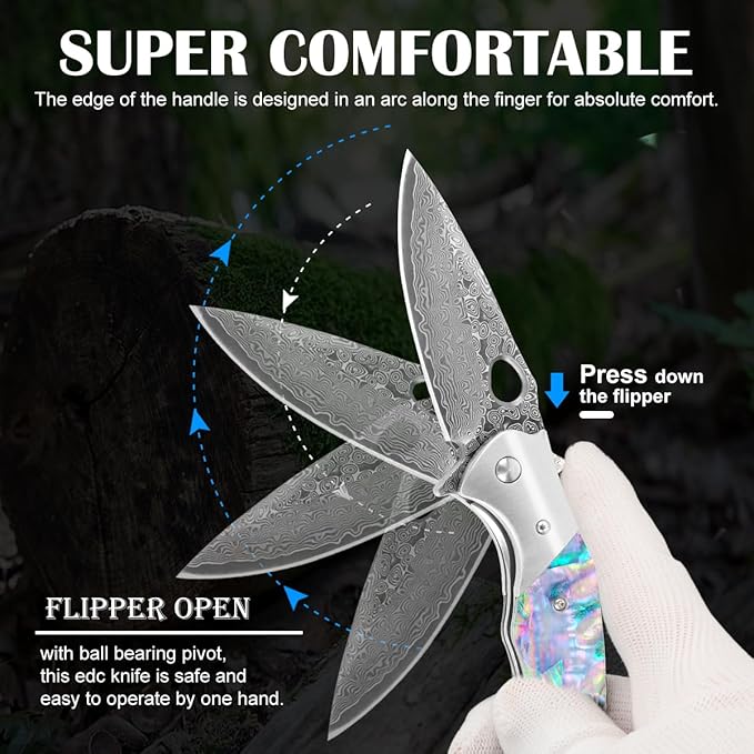 Cottonbell Damascus Pocket Knife Unique Rainbow Abalone Shell Handle Damascus Folding Knife, with Sharp VG10 Core Damascus Steel Knife for Outdoor Camping Fishing Hiking Hunting Gift