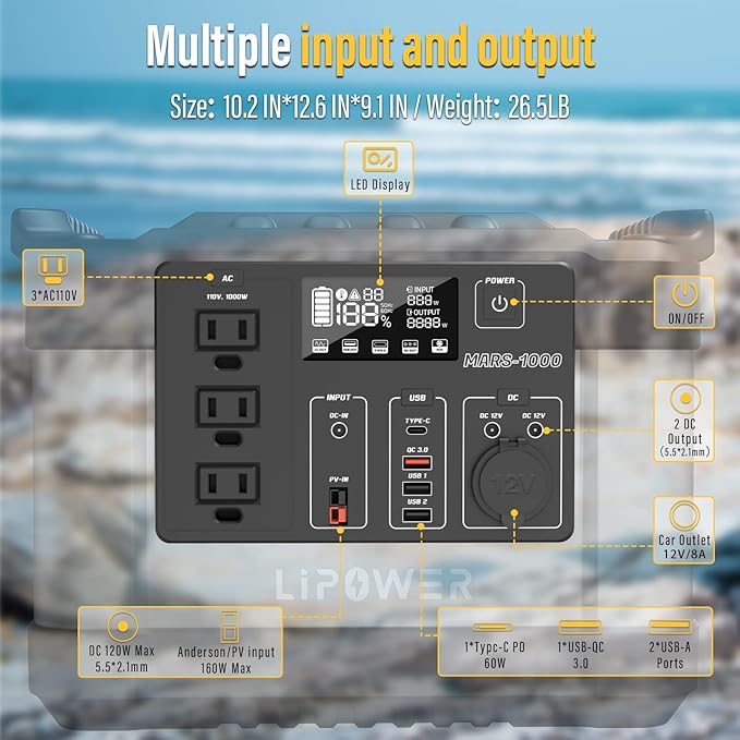 Lipower Solar Generator, 1120Wh Power Station 3 * 1000W AC Outlets(2000W peak), 60W USB-C Output, Generator for Camping, CPAP, Home BackupBlue+1 Solar Panel