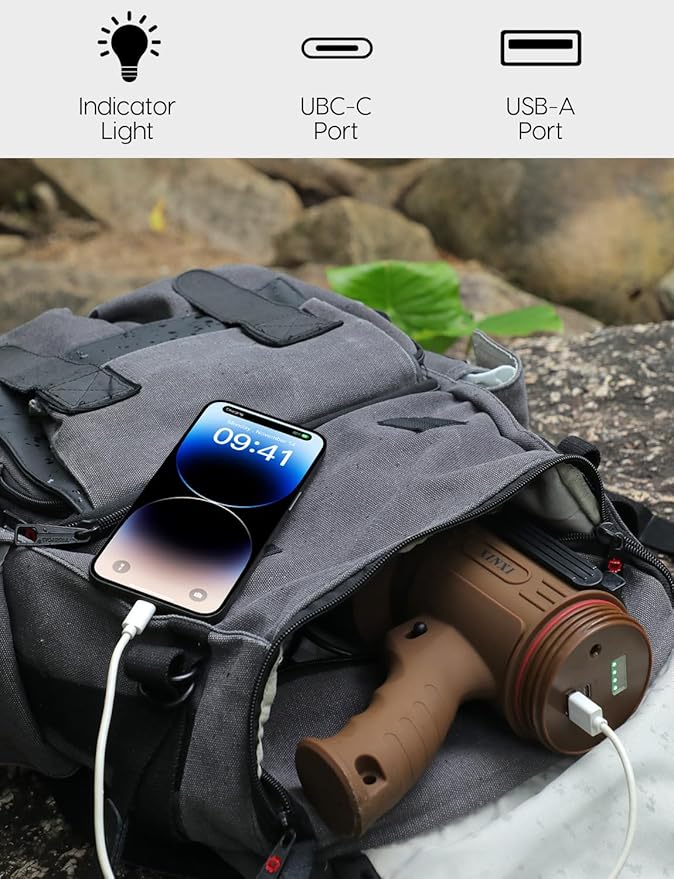 XINXI Super High Bright Rechargeable Spotlight with COB Floodlight, 6 Light Modes and USB Charger for Hiking, Boating, Hunting, IP67 Waterproof Handheld Flashlight with red Filter(Brown)