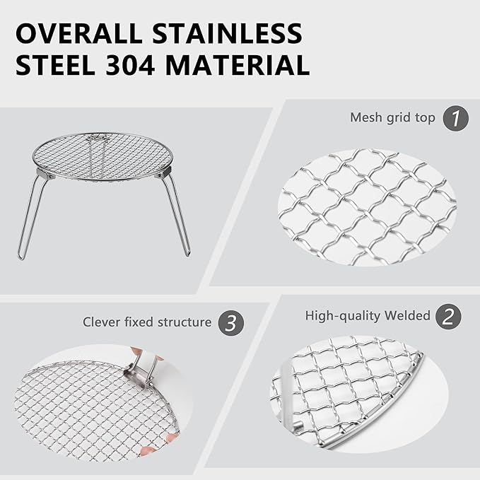 RROMATELX Small Folding Camping Grillï¼?04 Stainless Stee Portable Camping Stove，Campfire Grate，Heavy Duty Rack Camping with Carrying Bag for Outdoor Cooking Backpacking Hiking Picnic BBQ