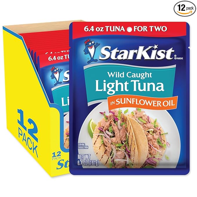 StarKist Chunk Light Tuna in Sunflower Oil, 6.4 oz Pouch (12 Pack) Ready to Eat Wild Caught Tuna, 19g Protein Per Serving, Gluten Free, Soy Free, Kosher, Perfect for Salads, Keto Meals and Snacks