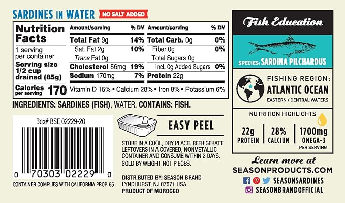 Season Sardines in Water - No Salt Added, Wild Caught, 22g of Protein, Keto Snacks, More Omega 3's Than Tuna, Kosher, High in Calcium, Canned Sardines - 4.37 Oz Tins, 6-Pack