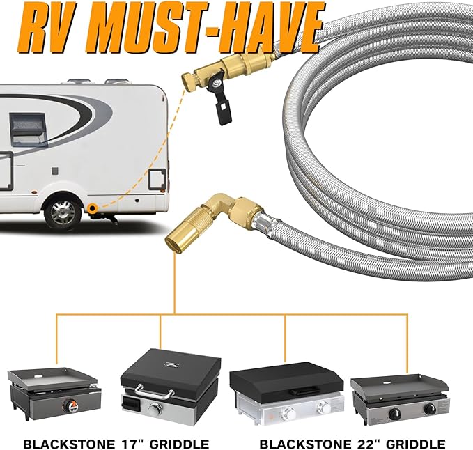 12FT RV Quick Connect Propane Hose with 1/4" Safety Shutoff Valve, Stainless Steel & Brass, Silver, Grill Connectors, 12 Feet, Blackstone 17"-22" Griddle Compatible