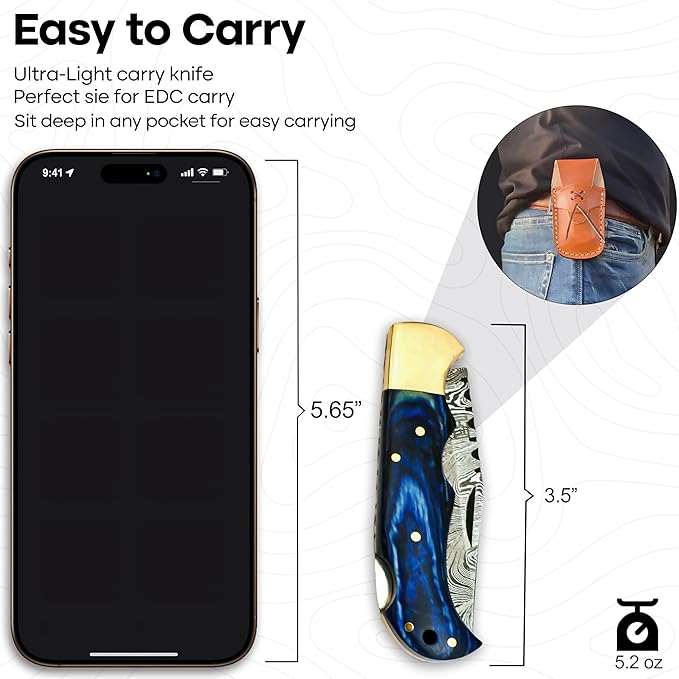 Handmade Damascus Pocket Knife for Men - 6.5 Inch Damascus Knife with Sheath - Damascus Folding Knife - Damascus Hunting Knife - Damascus Steel Pocket Knives with Back Lock for EDC, Camping, Hiking