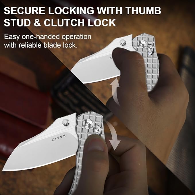 Kizer Mini Bulldog Pocket Knife, 2.5??S45VN Sheepsfoot Blade Folding Knife, Titanium Handle Clutch Lock Small EDC Knife for Men Women Gift, Camping Hunting Knives Ki3672SA2