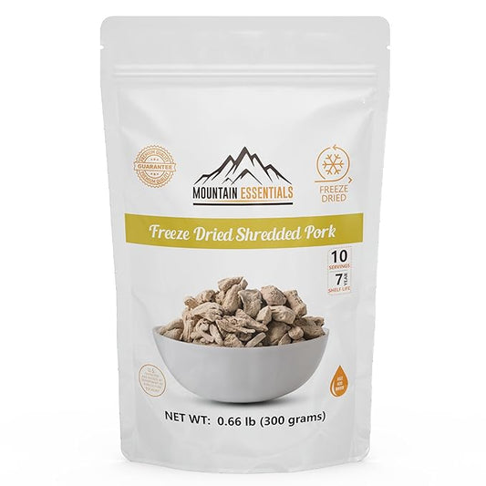 MOUNTAIN ESSENTIALS Freeze-Dried Shredded Pork ??Fully Cooked, Ready-to-Eat Meat | 10 Servings per Pouch | 7-Year Shelf Life | Ideal for Daily Meals, Camping, Emergency Preparedness & Survival | Made in USA | Pack of 1