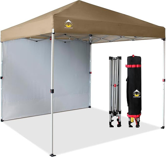 CROWN SHADES 8x8 Pop Up Canopy with 1 Side Wall - Beach Tent with One Push Setup - Outdoor Sun Shade for Events, Parties, Camping - Gazebo with STO-N-Go Cover Bag (Beige)