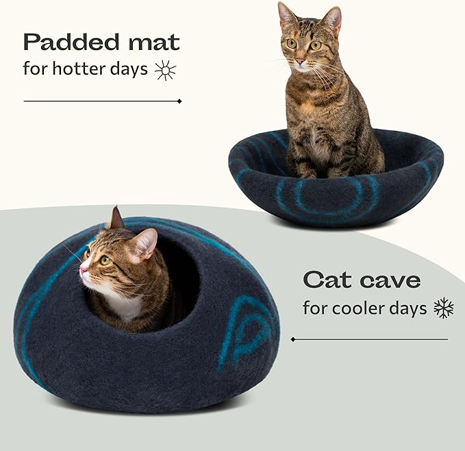 MEOWFIA Cat Cave ??Premium Felt Cat Bed for Indoor Cats, Handmade 100% Merino Wool (Large, Black Aqua)