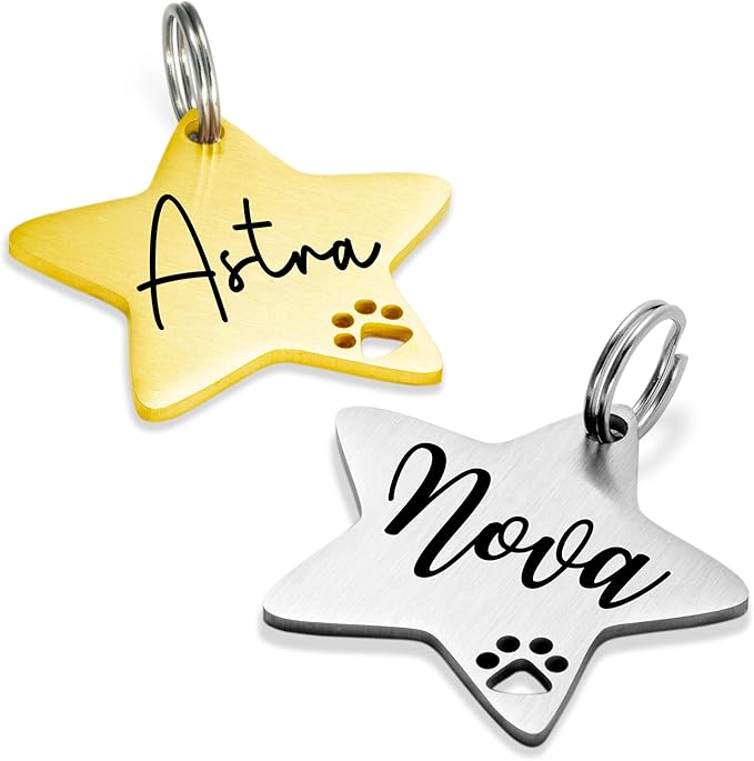 Ultra Joys Dog Tags Personalized for Pets - Hollow Paw Custom Pet ID Tag - Engraved Dog Tag for Small, Large Dogs - Large Star in Gold