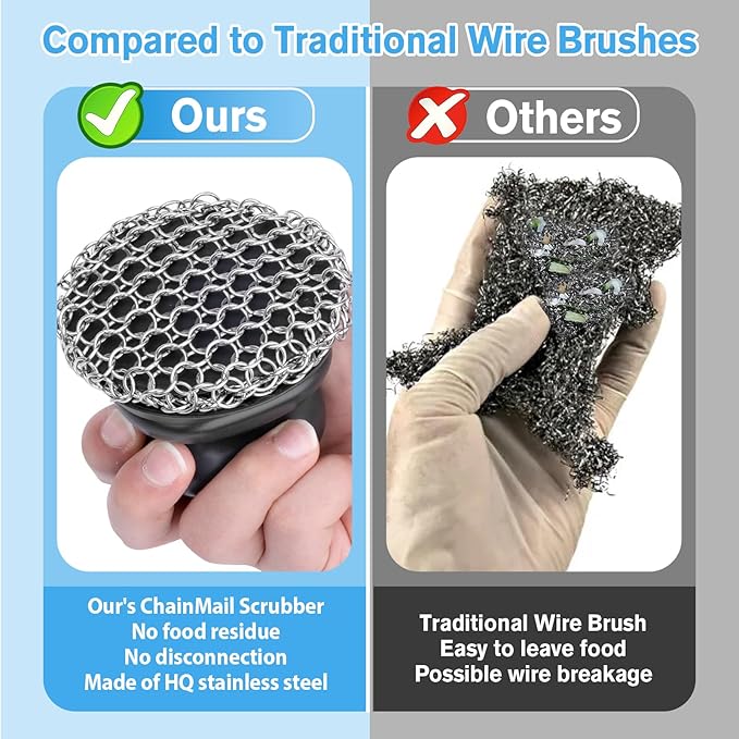 Onewly Cast Iron Scrubber and Scraper, Chain Mail Scrubber Cast Iron for Cleaning Dishes, Stock Pots, Pans, Griddles, Grills, Dish Scouring Pads