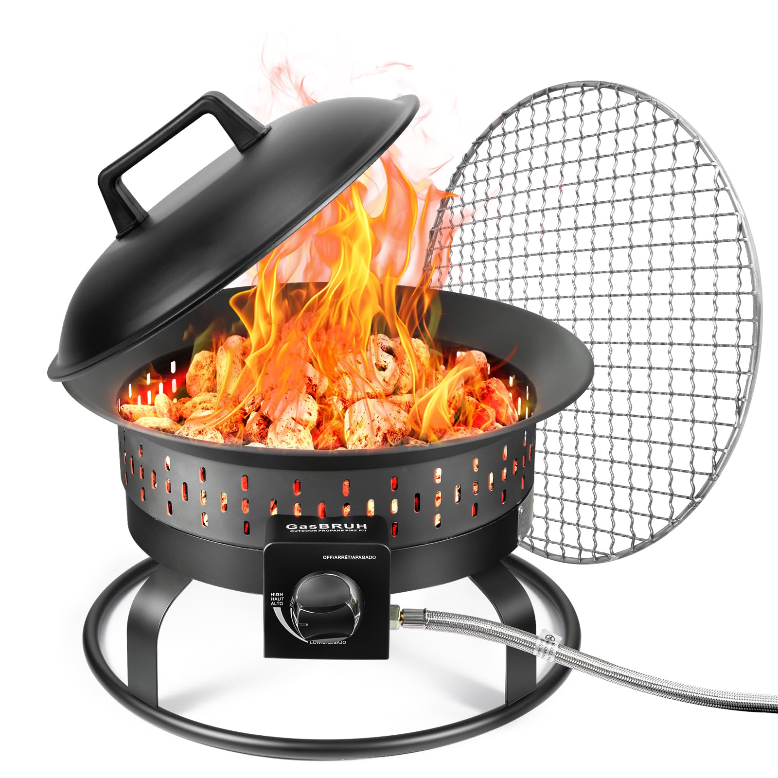 GasBRUH 19″ Outdoor Portable Propane Fire Pit with Grill Grate, Cover&Carry Kit,Fireplace,60,000