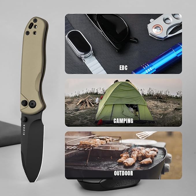 Kizer Drop Bear 2 Pocket Knife, 2.92" Nitro-V Drop Point Blade Folding Knife with Tan Aluminum Handle, Button Liner Lock EDC Knives with Jimping on Spine for Men Women V3619.2CD1