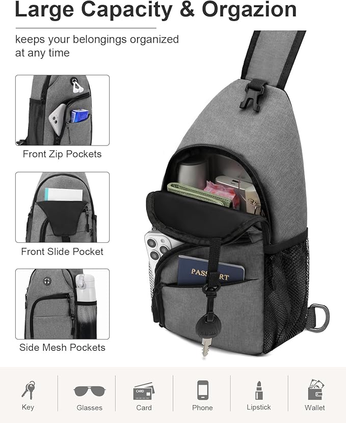 Crossbody Bags for Women Man Waterproof Sling Bag Backpack Trendy Casual Cross Body Bag with Convertible Shoulder Strap Chest Bag for Camping Hiking Travel Essentials (Grey, Medium)
