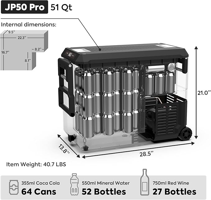 ICECO JP50 Pro Portable Refrigerator,12Volt Car Fridge Freezer, Compact Refrigerator with Secop Compressor, for Outdoor, Camping 51.7 Quart, -4℉～68℉, DC 12/24V, AC 110/240V, Multi-directional Lid