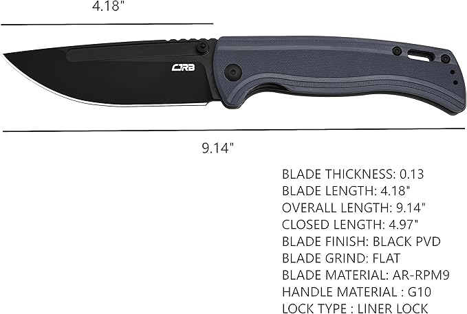 CJRB CUTLERY Pocket Knife Resource (J1932) Thumb Studs Folding Knife for Men Black PVD AR-RPM9 Steel Blade and Grey Blue G10 Handle for Hinking Camping Work Outdoor