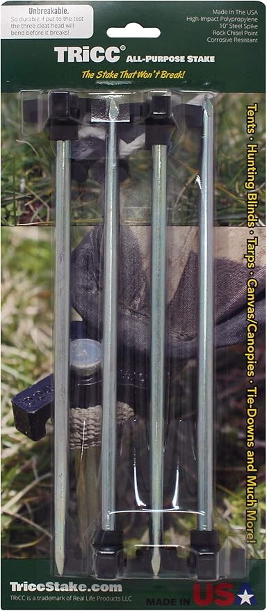 Tricc Unbreakable Heavy Duty Steel Tent/Canopy Stakes, Galvanized Non-Rust 10" Three Pegged Solid, Sturdy Stakes for Outdoor Trips, Camping, Hiking & Gardening. 4 Colors Made in The USA (Black)