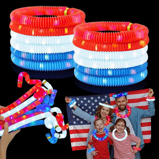 Red White Blue Glow Sticks 12 PCS, American Usa Flag Accessories Light up Bracelets Necklaces for Kids, Patriotic Decorations Party Favors Supplies Stuff Parade Camping Glow Toys Gifts for Toddlers
