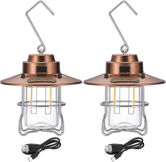 PATIKIL LED Camping Lantern, 2 Pack Vintage Rechargeable Lantern 3 Light Modes Portable Hanging Outdoor Tent Light for Camping, Hiking, Fishing, Bronze Tone 3.66 Inch