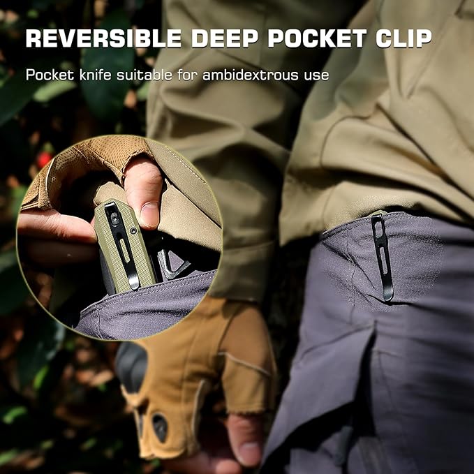 EDC Pocket Knife Rhino,3" D2 Steel Blade Durable G10 Handle, Folding Pocket Knives with Reversible Pocket Clip, Sharp Camping Hiking Pocket Knife for Men