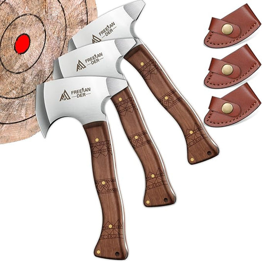 Freelander 8.3" Professional Throwing Axes and Tomahawks 3 Pack, Viking Axe Set with Leather Sheath, High Carbon Stainless Steel Throwing Hatchet for Adults, Axe Throwing Game for Backyard