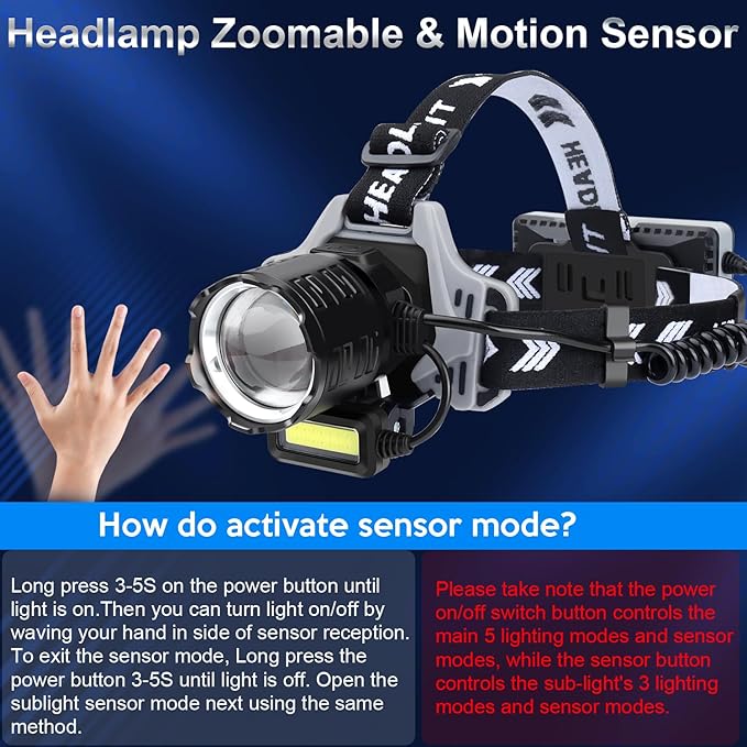 LED Headlamp Rechargeable 1000 Lumens Super Bright with 10 Modes & Motion Sensor, 2 Pack Head Lamp with Zoomable, IPX7 Waterproof, 135°Adjustable for Outdoor Hiking Camping