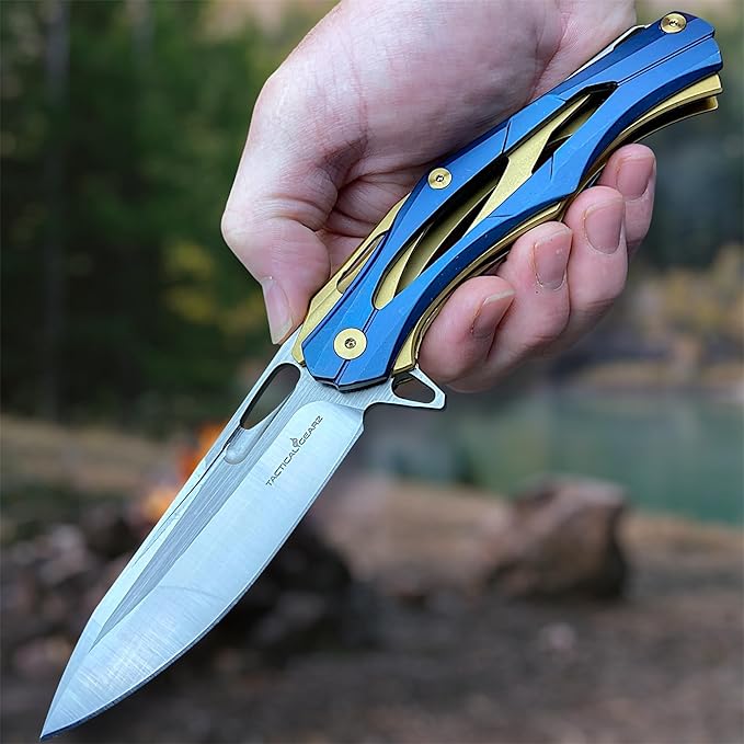 TACTICAL GEARZ Stainless Steel Pocket Knife, Stainless Steel Handle, D2 Steel Drop Point Blade, Ball Bearing Pivot! (Kronus Blue/Gold)