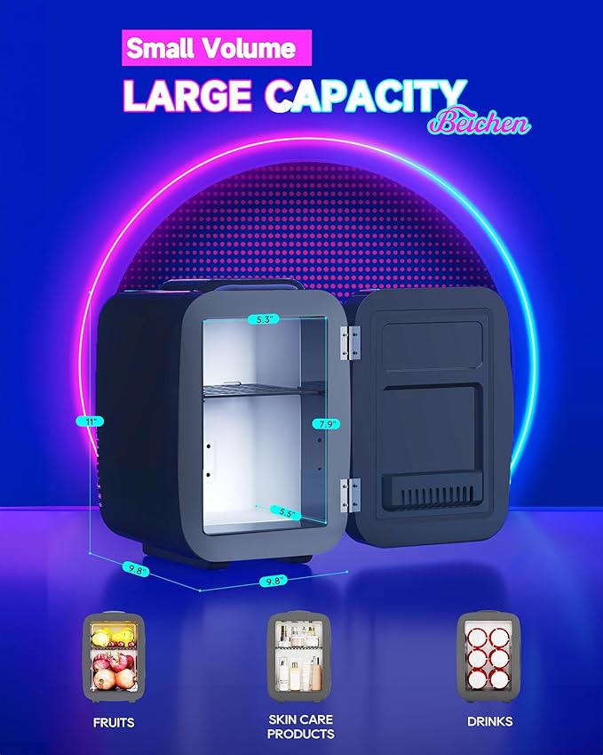Mini Fridge, 4 Liter/6 Cans Small Refrigerator With Dimmable LED Light,AC/DC Portable Thermoelectric Cooler and Warmer Gaming mini fridge for Bedroom,Office,Gaming room and Car (Black)