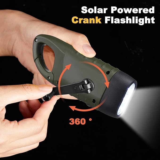 Mudder 4 Pack Hand Crank Solar Powered Flashlight Emergency Rechargeable Led Flashlight Survival Gear Self Powered Charging Torch for Hiking Backpack Camping Safety Emergency Pack (Green, Black)