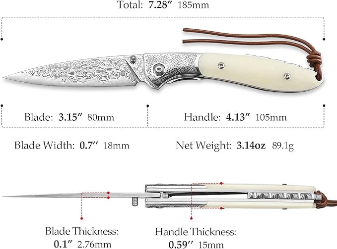 Handmade Damascus Folding Pocket Knife，Thumb Stud,3.15" Polished Blade & Steel Bolster, Liner Lock, White Bone Handle,Ceramic Bearings，EDC Knives Gift for Men.Piscis Austrinus-02W