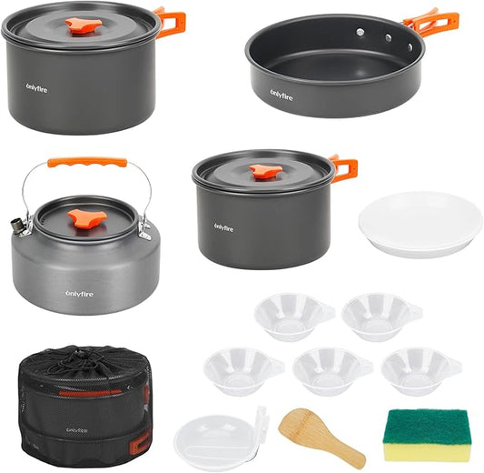 Onlyfire 15pcs Camping Cookware Mess Kit, Non-Stick Lightweight Pot Pan Kettle Set with Plates Forks Knives Spoons for Camping, Backpacking, Outdoor Cooking and Picnic CT605