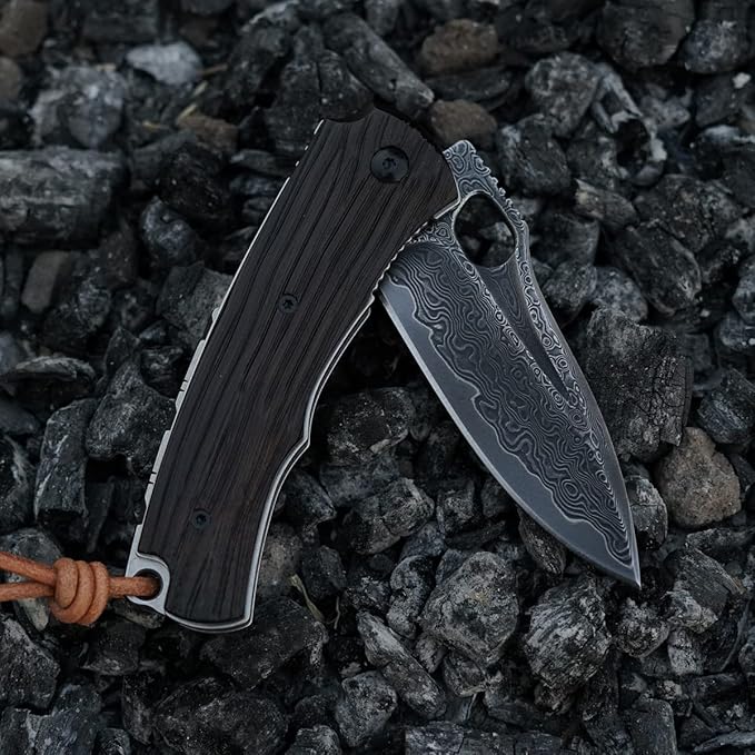 Folding Knife 3in Handmade VG 10 Damascus Steel Knife Pocket Knife, Leather Case, Ebony Handle, with Padded Lock, Suitable for Outdoor Camping Fishing and Carrying Knives