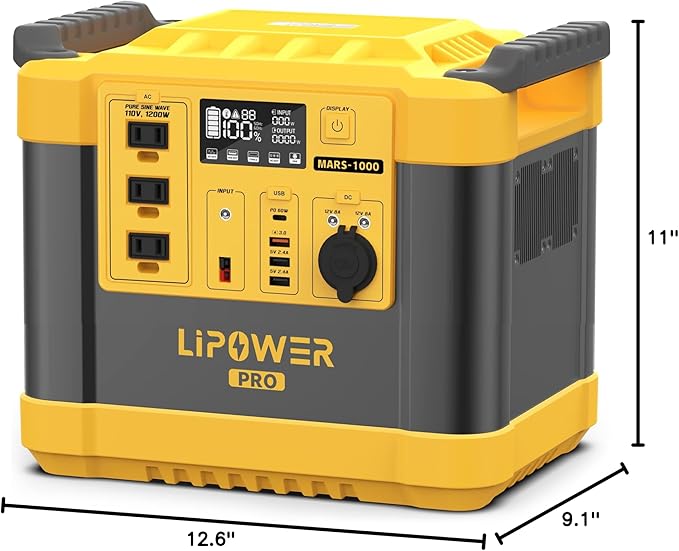 Lipower Solar Generator, 1120Wh Power Station 3 * 1000W AC Outlets(2000W peak), 60W USB-C Output, Generator for Camping, CPAP, Home Backup-Yellow