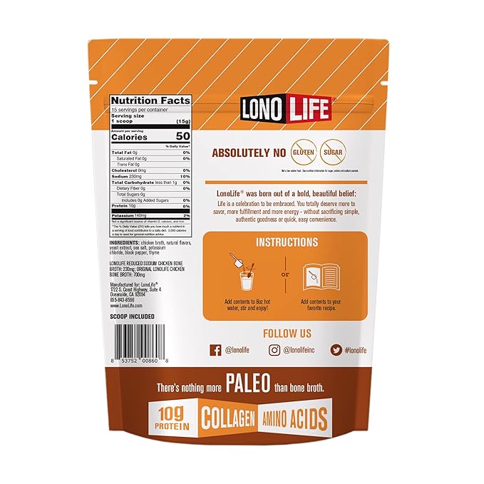 LonoLife Reduced Sodium Chicken Bone Broth Powder Mix | 10g Protein | Collagen-Rich, Keto & Paleo Friendly | Natural Ingredients | 8oz Bulk Container (15 Servings)