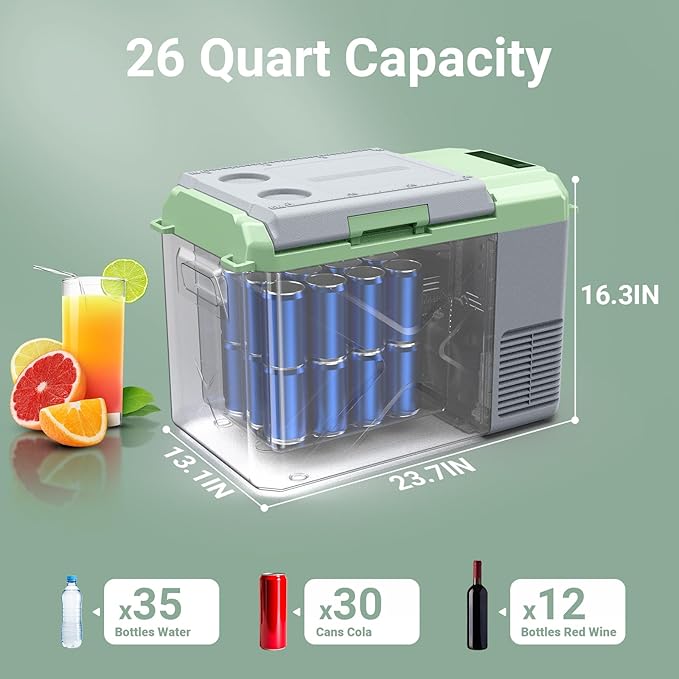 BODEGACOOLER 12 Volt Car Refrigerator, 26 Quart Car Fridge, -4℉-68℉ Portable Freezer, Electric Compressor Cooler 12/24V DC100-240 Volt AC for Outdoor RV Camping Travel Vehicles Home Use