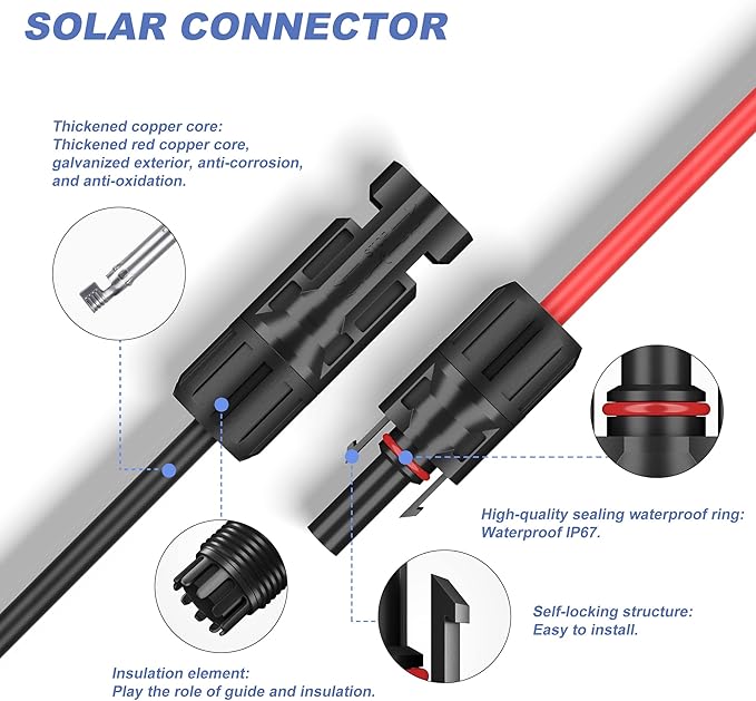 50 Feet 10AWG(6mm²) Solar Panel Wire, 10 Gauge 50FT Black & 50FT Red Tinned Copper Extension Cable Kits with Female and Male Connector for RV Home Boat and Any Other Off-Grid Applications