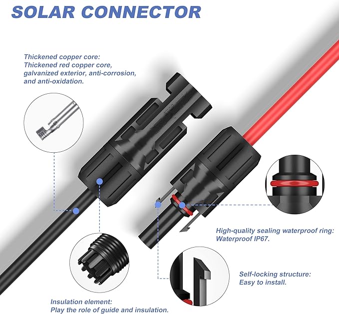 20 Feet 10AWG(6mm²) Solar Panel Wire, 10 Gauge 20FT Black & 20FT Red Tinned Copper Extension Cable Kits with Female and Male Connector for RV Home Boat and Any Other Off-Grid Applications
