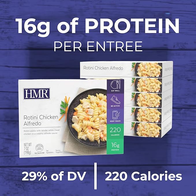 HMR Rotini Chicken Alfredo Entrée | Pre-packaged Lunch or Dinner to Support Healthy Eating | Ready to Eat | 16g of Protein | Low Calorie Food | 7oz Serving per Meal | Pack of 3