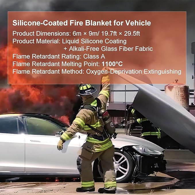 20ft x 30ft Car Fire Blanket for Electric & Gas Vehicles, 1100°C Reusable Emergency Fire Suppression Blanket, Large Double-Sided Silicone Survival Safe Blankets for EV Battery & Engine Fires
