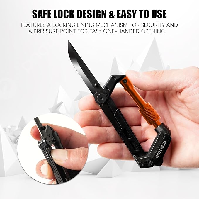 Carabiner Multitool with Pocket Knives, EDC Carabiners, Serrated Knife, Rope Cutter, Screwdriver, Can Bottle Opener, Ruler, Folding Knife for Camping Hiking, Gifts for Men (Orange)