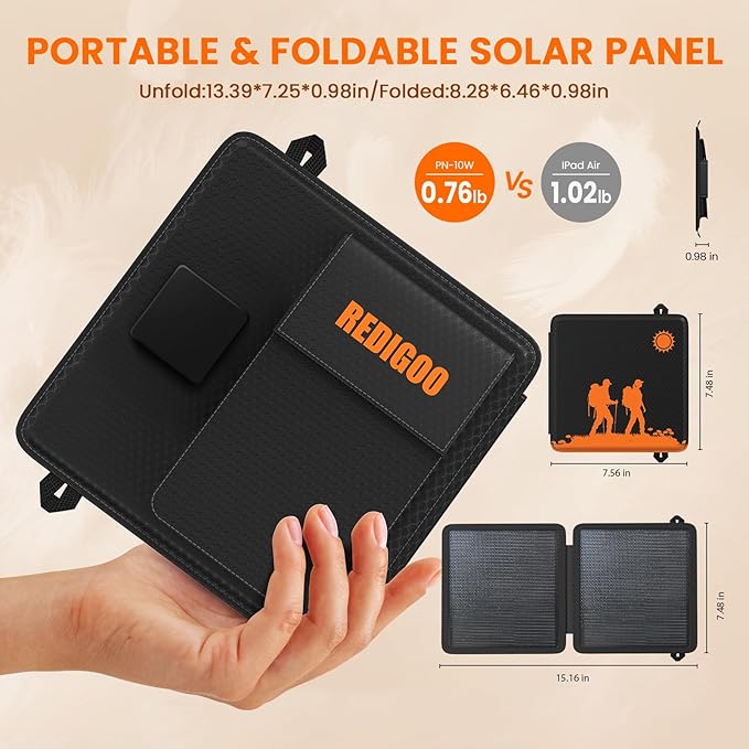 REDIGOO Portable 10W Solar Panel Charger, Mini Solar Panel with USB-C Outputs Compatible with Cell Phone Tablet, 2025 Latest Version Solar Charger for Cell Phone,Camping, Hiking, Backpacking