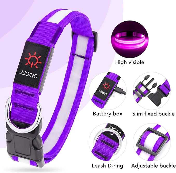 VIZPET LED Dog Collar, Light Up Dog Collar Adjustable USB Rechargeable Super Bright Safety Light Glowing Collars for Dogs (Purple, Large[18.89-23.62 inch/48-60cm])
