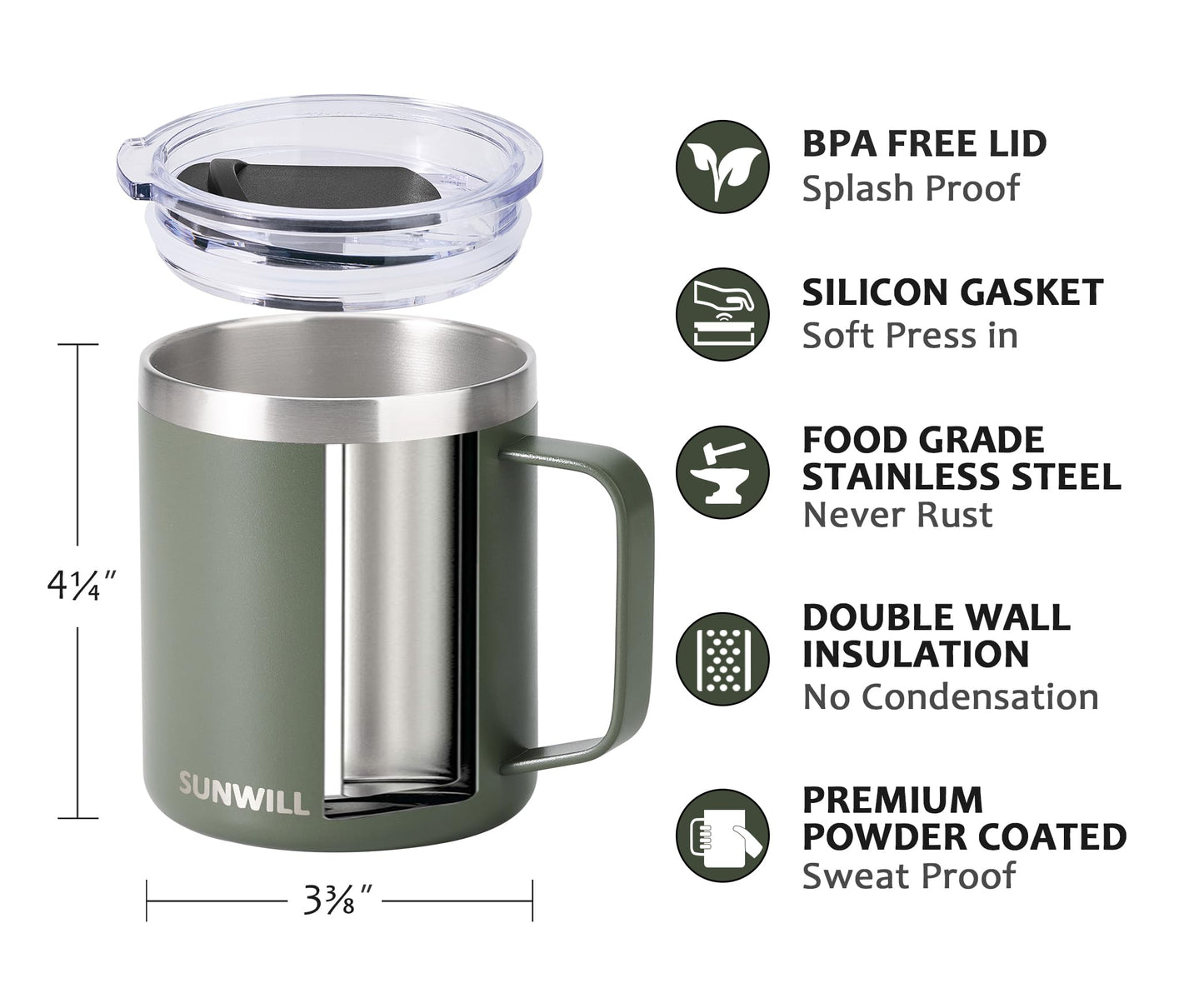 SUNWILL Travel Coffee Mug with Lid, Insulated Tumbler with Handle, 14 oz Stainless Steel Cup for