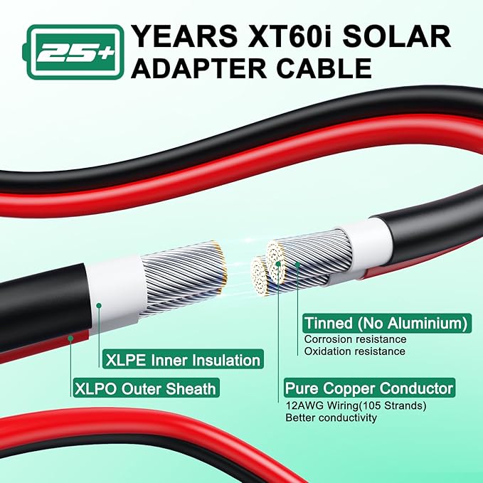 Oududianzi 12AWG XT60i Solar Cable 30FT, Solar to XT60i Cable 3 10 15 20 25 40 50FT, Solar Panel Connector to XT60i Adapter Cable, XT60i Solar Charging Cable for Portable Power Station - 30Ft