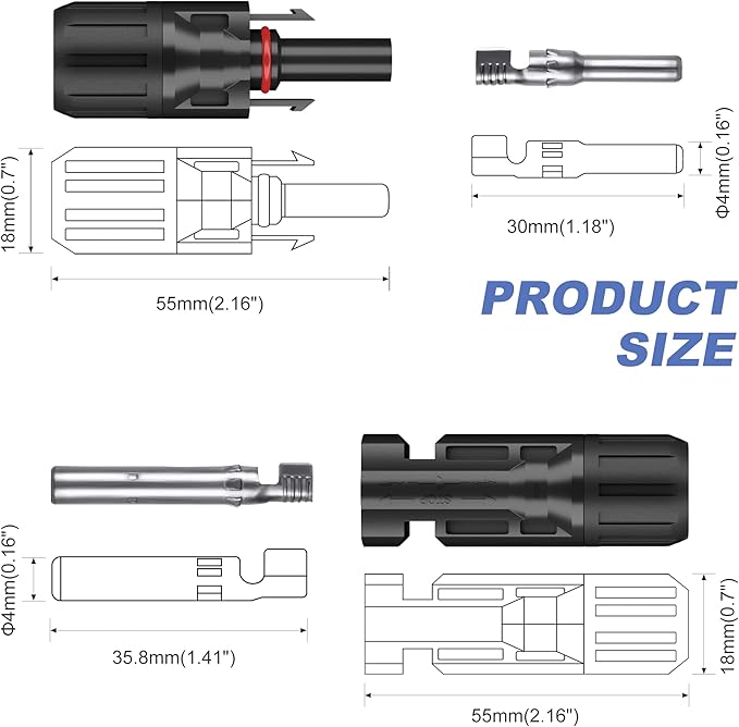5 Feet 10AWG(6mm²) Solar Panel Wire, 10 Gauge 5FT Black & 5FT Red Tinned Copper Extension Cable Kits with Female and Male Connector for RV Home Boat and Any Other Off-Grid Applications