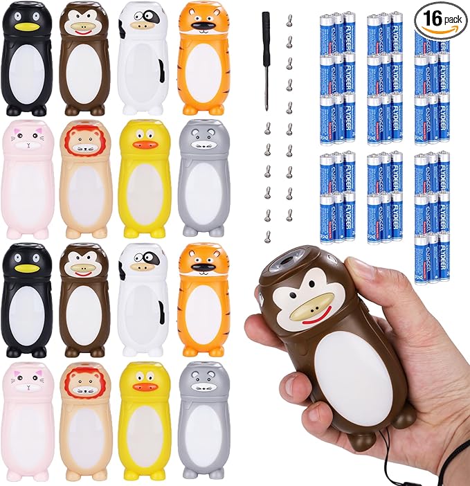 KunHe 16 Pack Animal Flashlights for Kids 2 in 1 Toddler Flashlight Camping Lantern Flashlights Camping Essentials for Kids Toddlers Lantern Cute Flashlight Christmas Gift for Girls Boys
